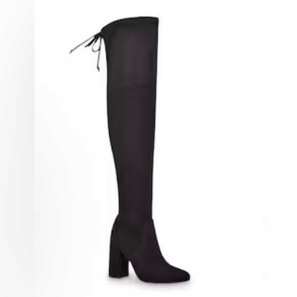 🌃💁🏻♀️👢🍂❄️Velvet Black Vegan Suede Over-the-Knee Stretch Riding Boots - Picture 2 of 6
